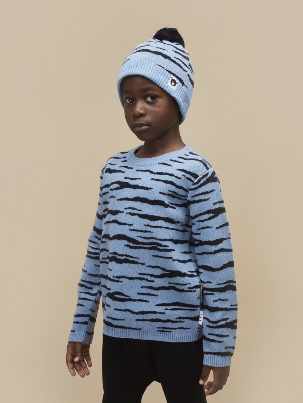 Huxbaby Boys Wildcat Animal Print Sweater Blue Black Organic Cotton Knit Size 6